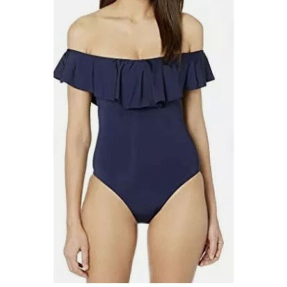 New. Trina Turk navy off shoulder ruffle top. Size 8. Retails $148 - Picture 7 of 11
